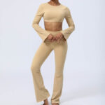 Buddha Stones Long Sleeve Backless Strap Top Bra Flare Pants Fitness Yoga Outfit 2-Piece Outfit BS 27
