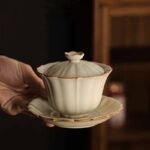 Buddha Stones Beige Plum Blossom Shape Peach Branch Ceramic Gaiwan Sancai Teacup Kung Fu Tea Cup With Lid Cup BS 15