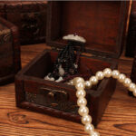 Buddha Stones Retro Small Square Wood Jewelry Box Lotus Grass Flower Grape Copper Coin Daffodil Jewelry Storage Box Jewelry Box BS 15