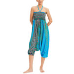 Buddha Stones Two Style Wear Peacock Feather Loose Smocked Harem Trousers Jumpsuit High Waist Pants Harem Pants BS 11