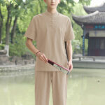 Buddha Stones 2Pcs Men's Short Sleeve Shirt Top T-Shirt Pants Meditation Zen Tai Chi Cotton Linen Clothing Set Men's Meditation Cloth BS Khaki(Top&Pants) 6XL(Bust 138cm/Waist 86-150cm/Hips 144cm)