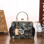 Buddha Stones Vintage Flower Butterfly Crane Sea Waves Metal Chain Crossbody Bag Shoulder Bag Handbag Handbags BS Black Flower Butterfly 22*18*8cm