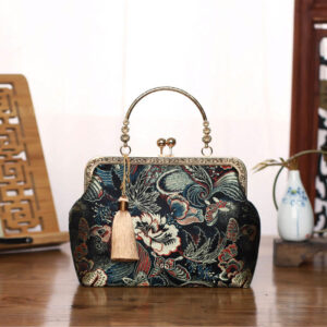 Buddha Stones Vintage Flower Butterfly Crane Sea Waves Metal Chain Crossbody Bag Shoulder Bag Handbag Handbags BS Black Flower Butterfly 22*18*8cm