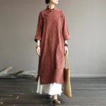Buddha Stones Flower Jacquard Midi Dress Long Sleeve Cotton Linen Dress Wide Leg Pants With Pockets 38