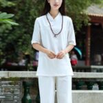 Buddha Stones 2Pcs Half Sleeve V-Neck Shirt Top Pants Meditation Zen Tai Chi Linen Clothing Women's Set Women's Meditation Cloth BS 5