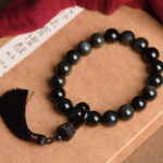 Buddha Stones Natural Black Obsidian Lion Wrist Mala Protection Tassels Pocket Mala Car Decoration Wrist Mala&Decorations BS 2