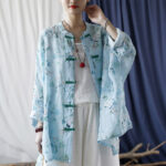 Buddha Stones Light Green Pink Flowers Green Leaves Frog-Button Long Sleeve Ramie Linen Jacket Shirt 26