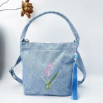 Buddha Stones Embroidery Wisteria Plum Lotus Cherry Blossom Cotton Linen Canvas Tote Crossbody Bag Shoulder Bag Handbag Crossbody Bag BS Light Blue Orchid Grass 19*20*10cm