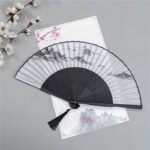 Buddha Stones Mountains Plum Blossom Lotus Magpie Bamboo Leaves Handheld Silk Bamboo Folding Fan 22.5cm 2