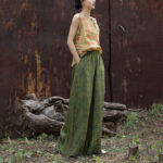 Buddha Stones Green Yellow Ramie Linen Flexible Waistband Wide Leg Pants With Pockets Women's Wide Leg Pants BS 19