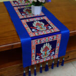 Buddha Stones Prayer Altar Mat Man-Bcu Kalachakra Endless Knot Vajra Tibetan Auspicious Symbols Tassels Table Runner Prayer Altar BS The Chintamani Jewel Blue 190*33cm