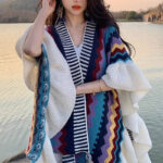 Buddha Stones Tibetan Shawl Colorful Striped Wavy Line Tassels Winter Cozy Travel Scarf Wrap Tibetan Shawl BS 5