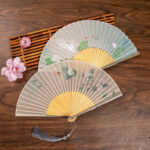 Buddha Stones Jasmine Lotus Begonia Flowers Handheld Silk Bamboo Folding Fan