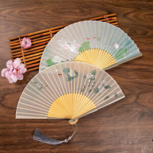 Buddha Stones Jasmine Lotus Begonia Flowers Handheld Silk Bamboo Folding Fan