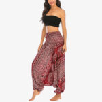 Buddha Stones Two Style Wear Elephant Pattern Loose Smocked Harem Trousers Jumpsuit Women's Yoga Pants Harem Pants&Bodysuit BS 3