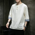 Buddha Stones Frog-Button Dragon Embroidery Chinese Tang Suit Three Quarter Sleeve Shirt Cotton Linen Men Clothing Men's Shirts BS Snow 5XL(Fit for USUK/AU46; EU56)