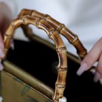 Buddha Stones Yellow Green Bamboo Leaves Bamboo Handles Handbag Handbags BS 3
