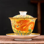 Buddha Stones Dragon Phoenix Flower Design Ceramic Gaiwan Sancai Teacup Kung Fu Tea Cup And Saucer With Lid Cup BS Yellow Dragon 9.5cm*9.3cm*160ml