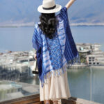 Buddha Stones Blue White Striped Indigo Dyeing Shawl Tassels Cozy Pullover 90*95cm 7