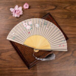 Buddha Stones Jasmine Lotus Begonia Flowers Handheld Silk Bamboo Folding Fan