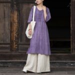 Buddha Stones Handmade Tie Dye Ramie Linen Frog-Button Midi Dress Wide Leg Pants With Pockets Midi Dress&Wide Leg Pants BS Purple Dress&Khaki Pants F(Fit for US4-8/10; UK/AU8-12/14; EU36-40/42)