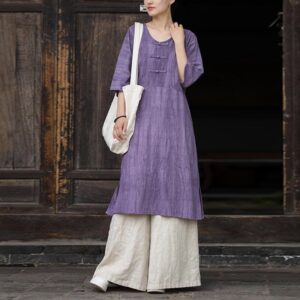 Buddha Stones Handmade Tie Dye Ramie Linen Frog-Button Midi Dress Wide Leg Pants With Pockets Midi Dress&Wide Leg Pants BS Purple Dress&Khaki Pants F(Fit for US4-8/10; UK/AU8-12/14; EU36-40/42)