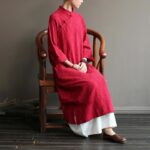 Buddha Stones Flower Jacquard Midi Dress Long Sleeve Cotton Linen Dress Wide Leg Pants With Pockets 28