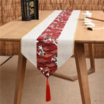 Buddha Stones Classic Chinese Style Lotus Koi Fish Flower Crane Calligraphy Enlightenment Cotton Linen Tassels Table Runner Table Runner BS Beige Red Koi Fish 30*180cm