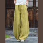 Buddha Stones Ramie Cotton Linen Pants Tie-dye Design Trousers Loose Zen Yoga Women's Pants with Pockets Pants BS YellowGreen(Regular Style) L(Waist 68-100cm/Hips 116cm/Suitable for Weight 70kg)