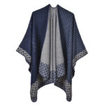 Buddha Stones Tibetan Shawl Striped Diamond Pattern Winter Warm Soft Scarf Tibetan Shawl BS Navy Blue Gray