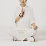 Buddha Stones 2Pcs Solid Color Three Quarter Shirt Top Pants Meditation Zen Tai Chi Cotton Linen Clothing Women's Set Women's Meditation Cloth BS 7