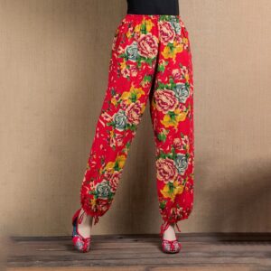 Buddha Stones Ethnic Style Red Green Flowers Print Harem Pants With Pockets Women's Harem Pants BS Red Blue Flowers(Waist 63-100cm/Hips 122cm/Length 92cm)
