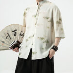 Buddha Stones Green Yellow Bamboo Leaves Print Half Sleeve Shirt Men's T-shirt T-shirt BS 3