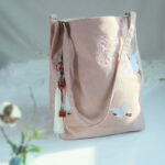 Buddha Stones Flower Crane Plum Blossom Embroidery Canvas Large Capacity Shoulder Bag Tote Bag Bag BS Pink Flower Crane