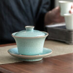 Buddha Stones Retro Green Ice Glaze Ceramic Gaiwan Sancai Teacup Kung Fu Tea Cup And Saucer With Lid Cup BS 11