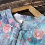 Buddha Stones Pink Flowers Green Leaves Print Frog-button Design Long Sleeve Ramie Linen Jacket Shirt Women's Shirts BS 12