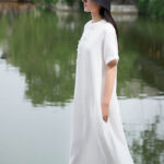 Buddha Stones Frog-Button Midi Dress Cotton Linen Short Sleeve Dress With Pockets Midi Dress BS 13