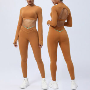 Buddha Stones 2Pcs Long Sleeve Backless Top Bra Leggings Pants Fitness Yoga Outfit Set 2-Piece Outfit BS Brown XL