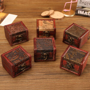 Buddha Stones Retro Small Square Wood Jewelry Box Lotus Grass Flower Grape Copper Coin Daffodil Jewelry Storage Box Jewelry Box BS main