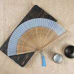 Buddha Stones Simple Cherry Flower Hollow Engraved Handheld Bamboo Folding Fan Folding Fan BS Blue 22cm