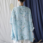 Buddha Stones Light Green Pink Flowers Green Leaves Frog-Button Long Sleeve Ramie Linen Jacket Shirt 4