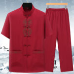 Buddha Stones Fu Character Chinese Knotting Embroidery Tang Suit Traditional Short Sleeve Top Pants Clothing Men's Set Men's Meditation Cloth BS Red(Top&Pants) 3XL(Bust 124cm/Waist 122cm/Hips 124cm)