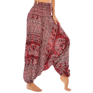 Buddha Stones Two Style Wear Elephant Pattern Loose Smocked Harem Trousers Jumpsuit Women's Yoga Pants Harem Pants&Bodysuit BS Red Elephant(Waist 60-100cm)