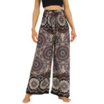 Buddha Stones Boho Mandala Print Lace-up Wide Leg Pants Women's Yoga Pants Women's Wide Leg Pants BS Tan F(Fit for US2-12; UK/AU6-16; EU34-44)