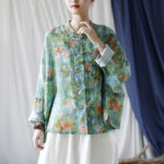 Buddha Stones Pink Flowers Green Leaves Print Frog-button Design Long Sleeve Ramie Linen Jacket Shirt Women's Shirts BS 39