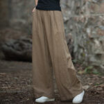 Buddha Stones Retro Wide Leg Pants Casual Women's Yoga Pants With Pockets Wide Leg Pants BS Khaki(Waist 62-100cm/Hips 118cm/Length 98cm)