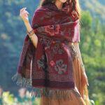 Buddha Stones Tibetan Flowers Leaves Pattern Design Shawl Cozy Travel Scarf Wrap Tibetan Shawl BS Dark Red