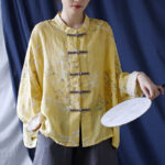 Buddha Stones Yellow Phoenix Print Frog-button Design Long Sleeve Ramie Linen Jacket Shirt Women's Shirts BS 1