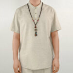 Buddha Stones Solid Color Men Short Sleeve Button Linen Shirt Men's Shirts BS Linen 4XL(Fit for US/UK/AU44; EU54)