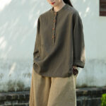 Buddha Stones Solid Color Loose Button Blouse Long Sleeve Shirt Top Long Sleeve Shirt BS Green(Bust 126cm)(Top Only)